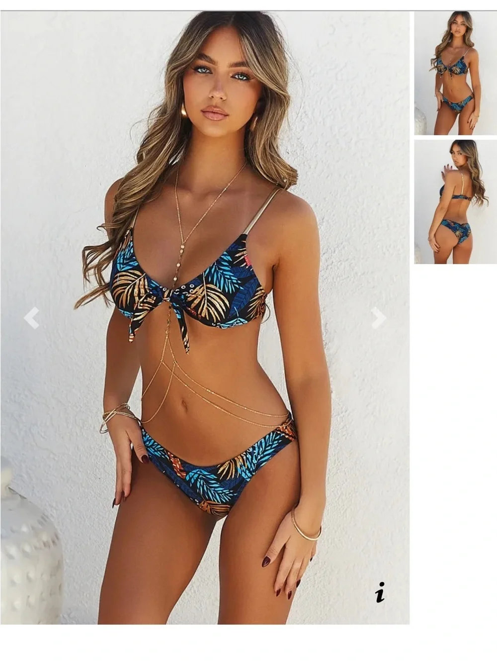 Blue Tropical Leaf Tie-Front Bikini Set